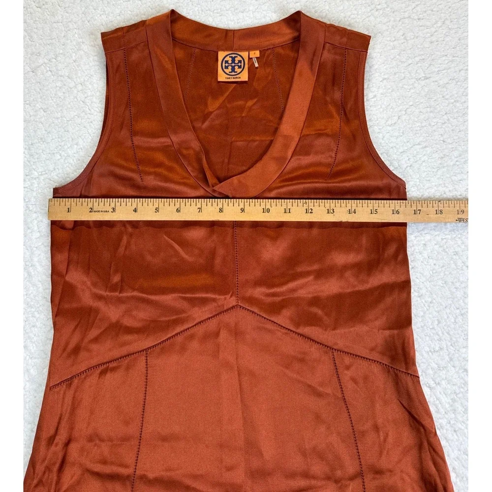Tory Burch Copper Orange 100% Silk V-Neck‎ Sleeveless Blouse Top Size 2